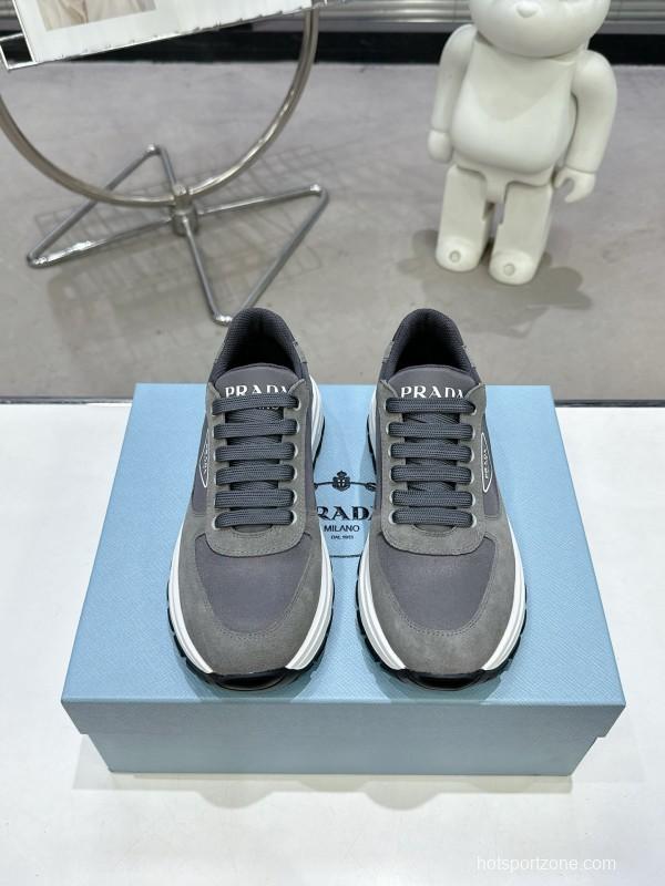 2025 Unisex Prada Grey Suede Leather Sneakers KFY00310