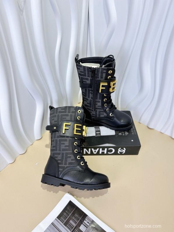 2024 Kids Fendi Black Brown Leather Fabric Boots