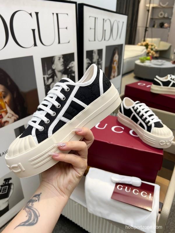 2025 Women Gucci Black White Canvas Platform Sneakers LY00270