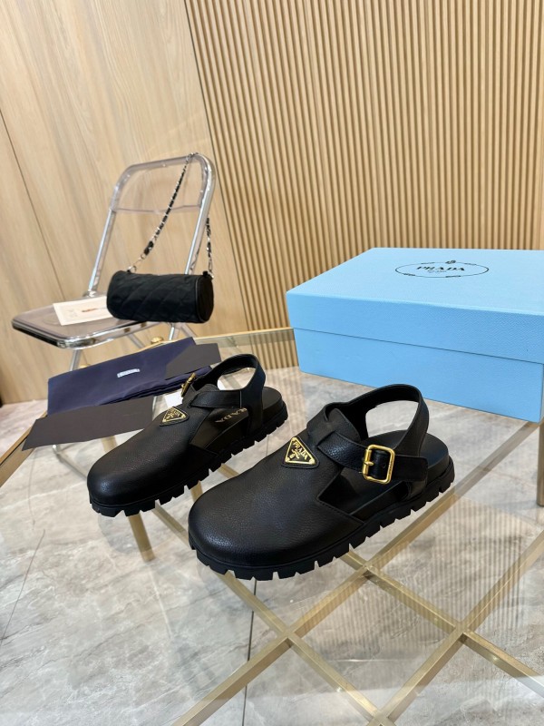 2025 Women Prada Black Leather Sandals LY00280