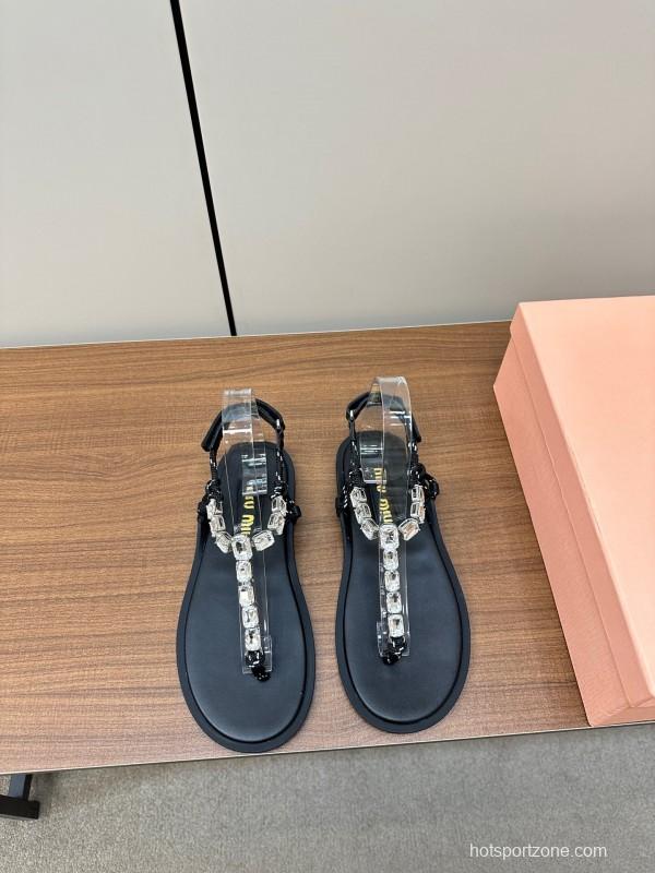 2025 Women Miu Miu Black Leather Rhinestone Sandals LY