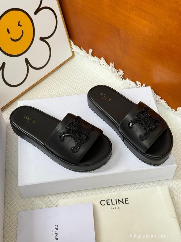 2025 Slippers CELINE Black Leather Slippers KFY00250