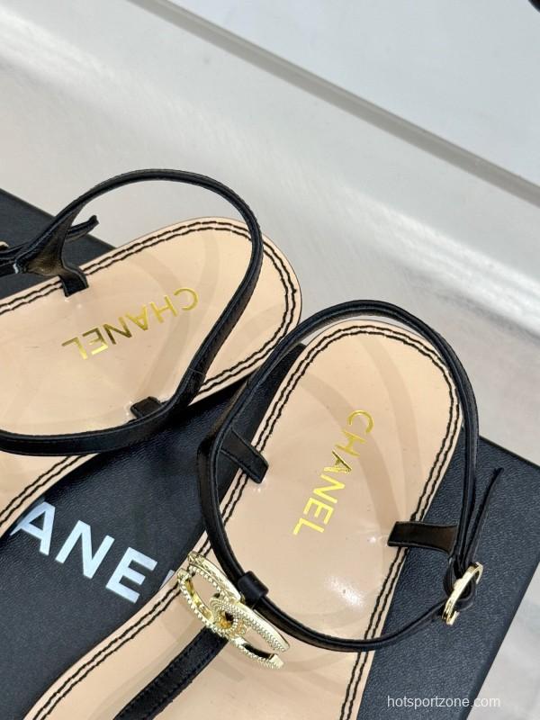 2025 Women Chanel Black Leather Sandals KFY00290