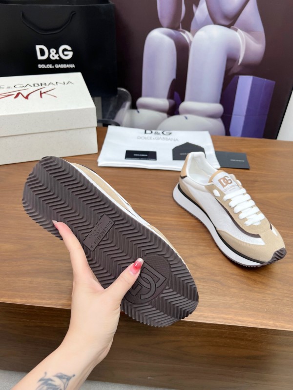 2025 Unisex Dolce & Gabbana White Beige Suede Mesh Sneakers LY00300