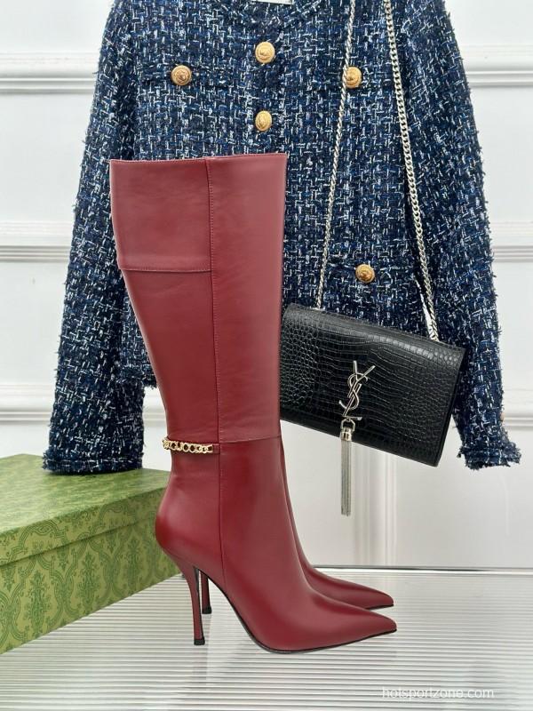 2024 Women Gucci red leather high heel knee boots