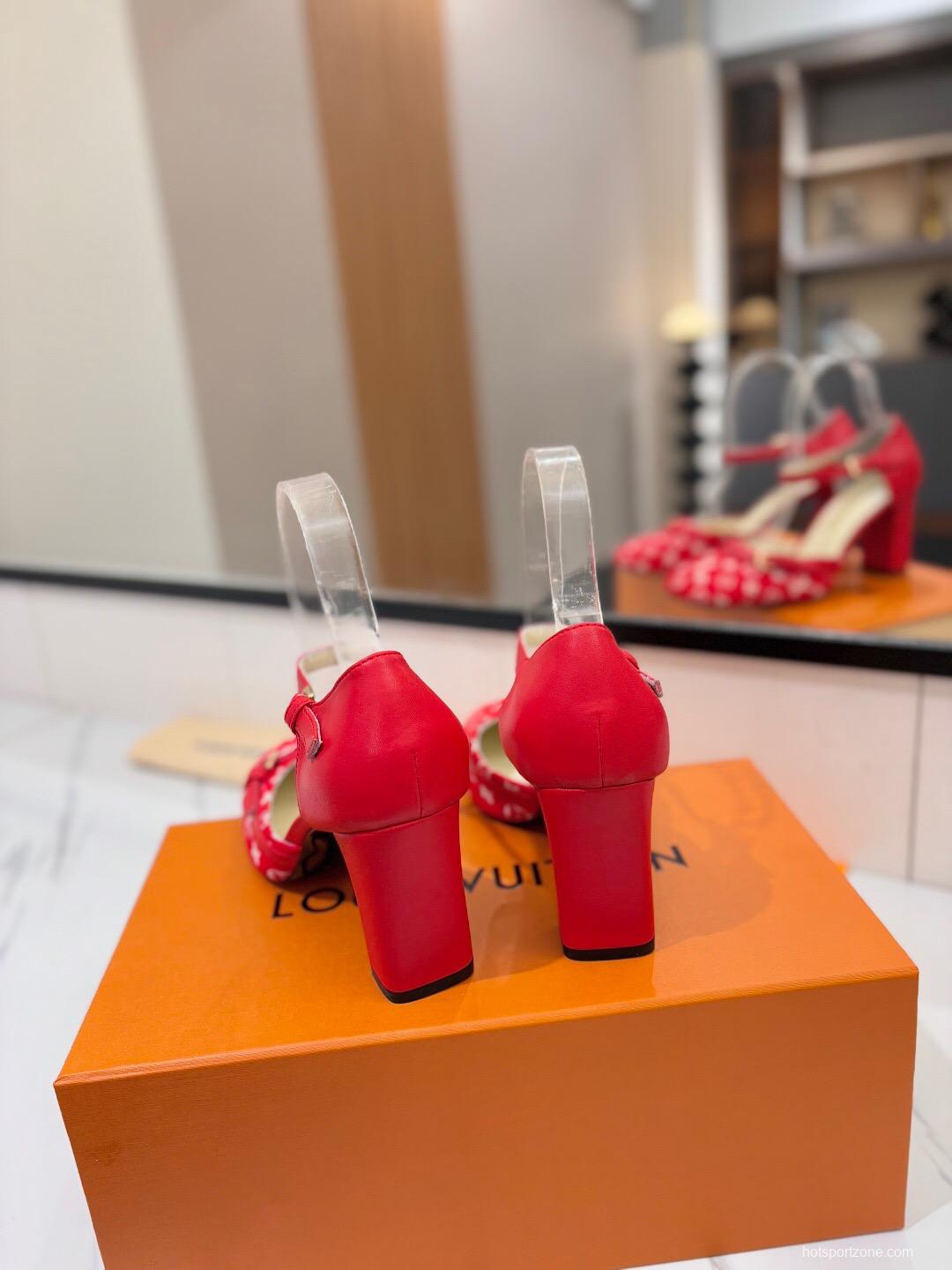2025 Women Louis Vuitton Red Canvas Leather Heels KFY00310