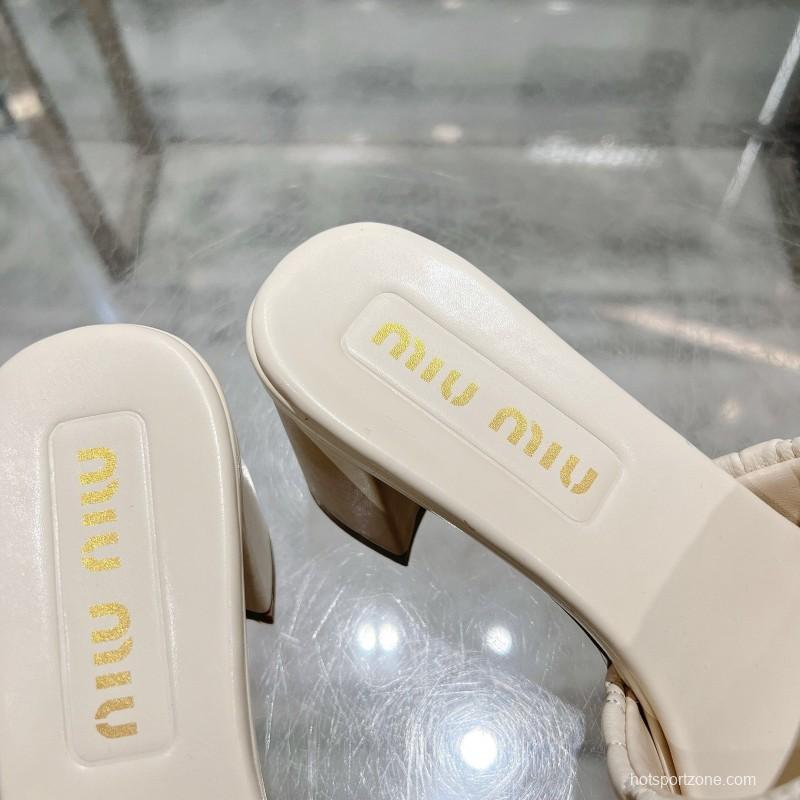 2025 Women Miu Miu White Sheepskin Sandals Embroidered KFY00250