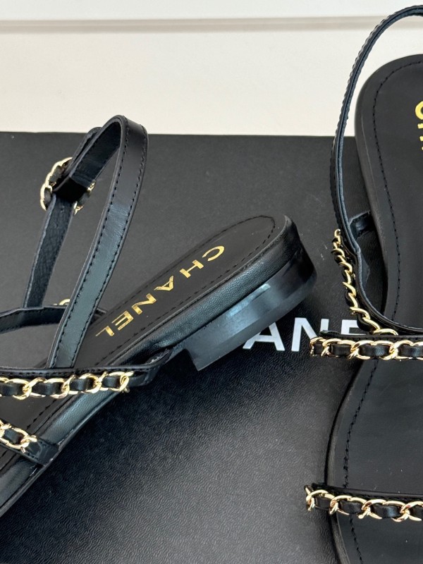 2025 Women Chanel Black Leather Slingback Sandals Chain KFY00270