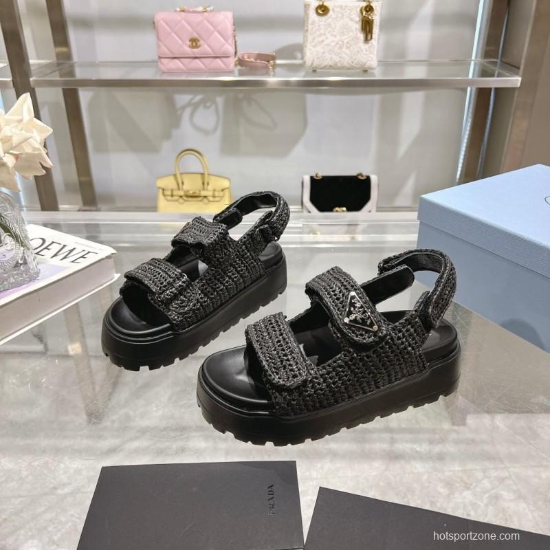 2025 Women Prada Black Woven Leather Sandals LY