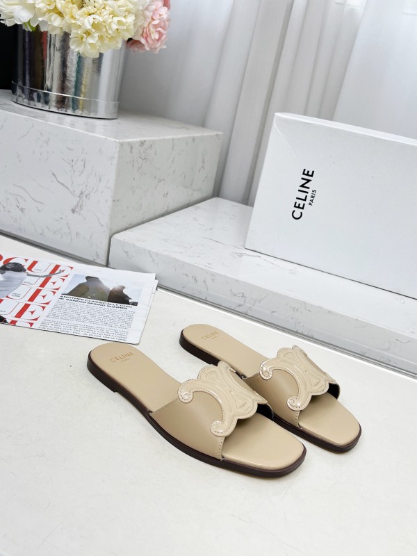 2025 Women Celine Beige Leather Slippers