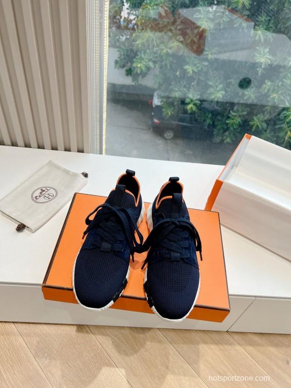 2024 Unisex Hermès爱马仕 Navy Orange White Knit Leather Sneakers MJ00290