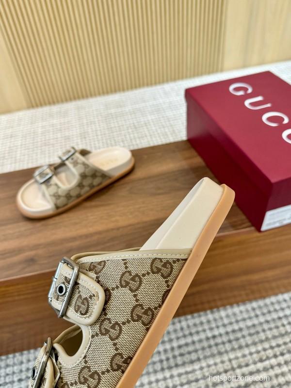 2025 Women Gucci Beige Canvas Leather Slippers LY00360