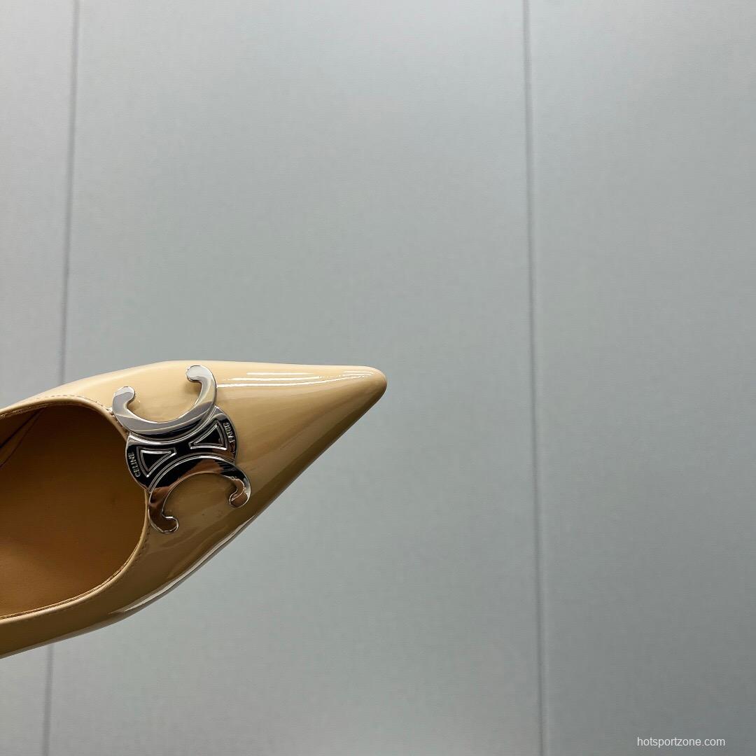 2025 Women Celine Beige Patent Leather Pointed Toe Heel Metal Ornament KFY00290