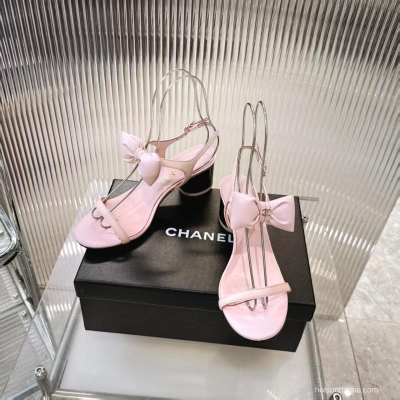 2025 Women Chanel Pink Leather Sandals Bow LY00260
