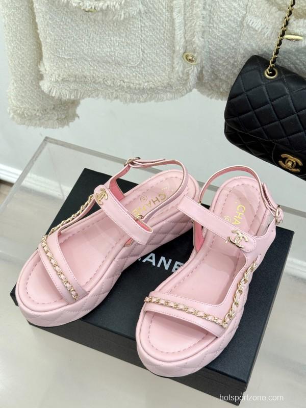 2025 Women Chanel Pink Lambskin Platform Sandals Chain Decoration