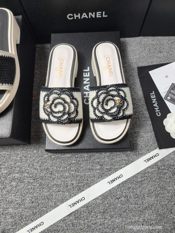 2025 Slippers Chanel Black White Fabric Camellia LY00000