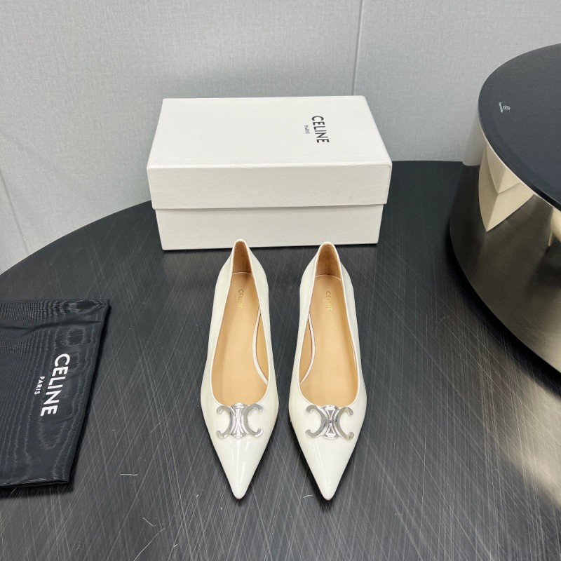 2025 Women Celine White Leather Pointed Toe Kitten Heel KFY00290