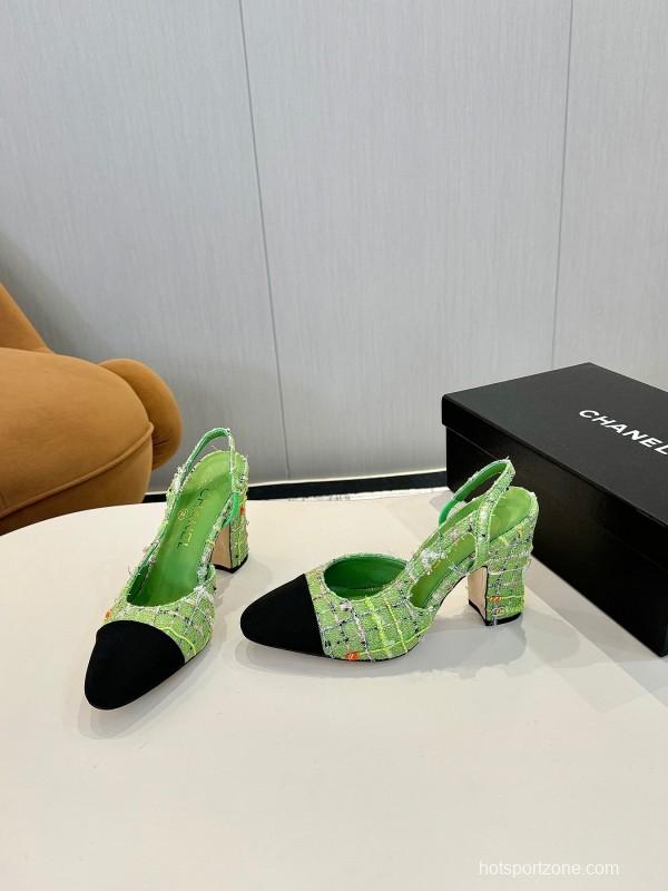 2025 Women Chanel Green Black Tweed Pump Slingback LY00270