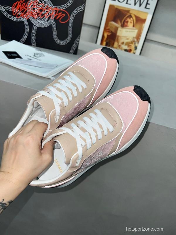 2025 Women VERSACE Pink Beige Suede Leather Sneakers Embroidery LY00320