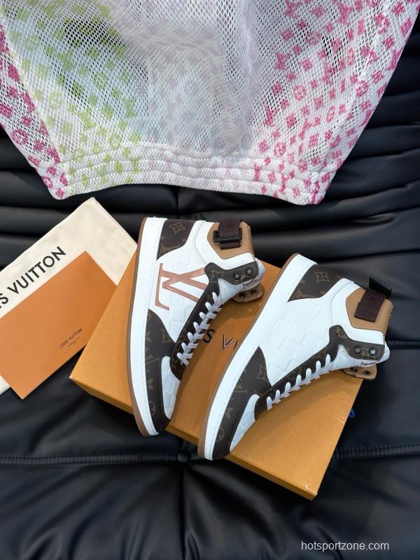 2024 Men Louis Vuitton White Brown Leather High Top Sneakers MJ00420
