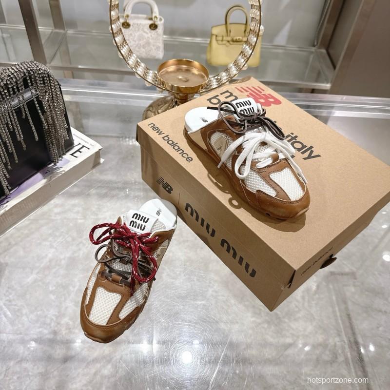 2025 Women Miumiu Brown White Leather Mesh Sneakers
