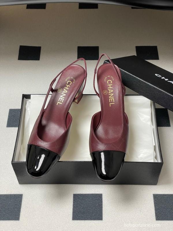 2025 Women Chanel Burgundy Black Leather Sling-back Chunky Heel