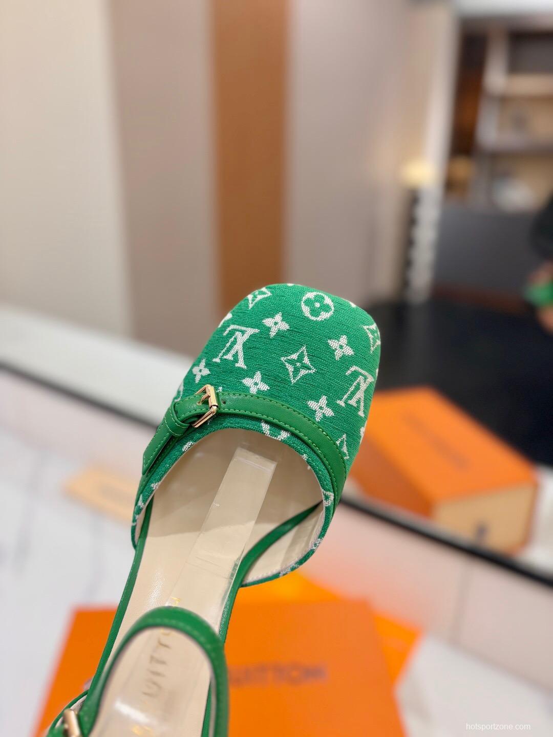 2025 Women Louis Vuitton Green White Denim Pumps LV Buckle KFY00310