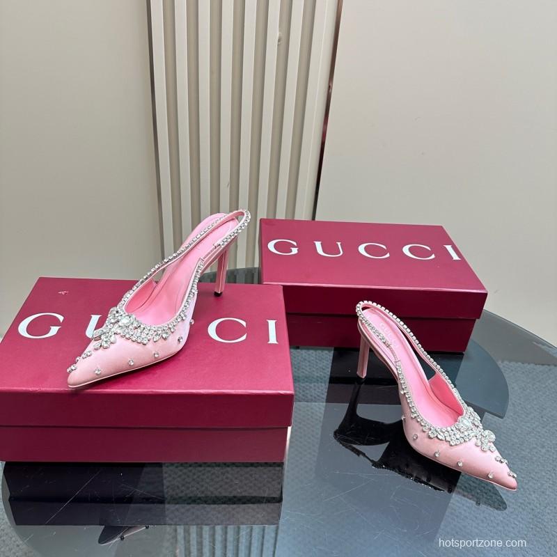 2025 Women Gucci Pink Silk High Heel Slingback Crystal LY00340