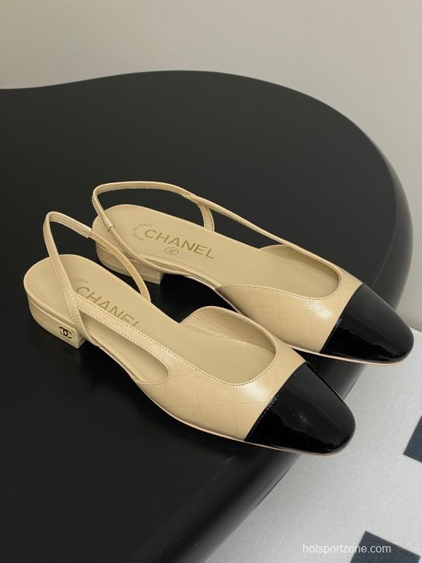 2025 Women Chanel Beige Black Leather Sling-back Flat Heel