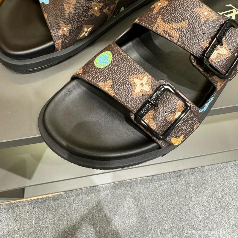 2024 Men Louis Vuitton Brown Black Rubber Leather Sandals Oblique MJ00210