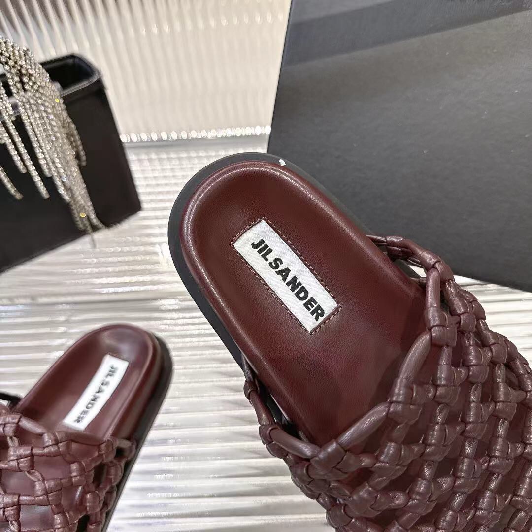2025 Women Jil Sander Brown Leather Woven Slippers