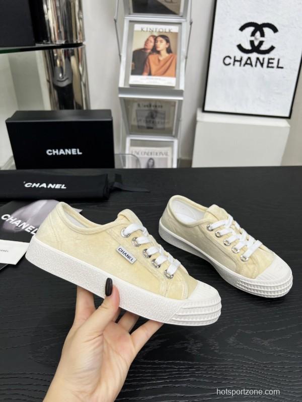 2025 Women Chanel Cream Canvas Leather Casual Sneakers LY00230