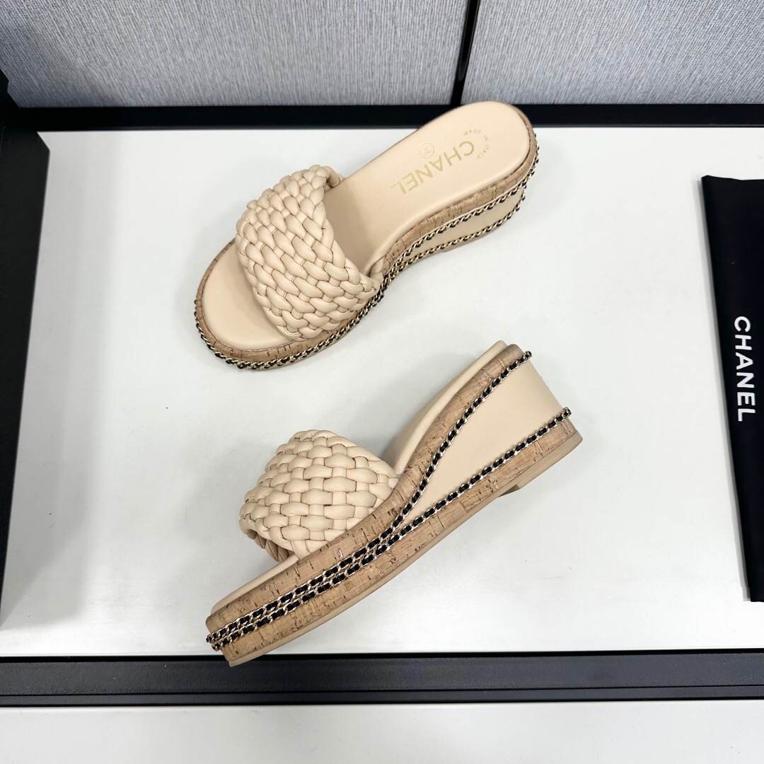 2025 Women Chanel Beige Leather Wedge Sandals