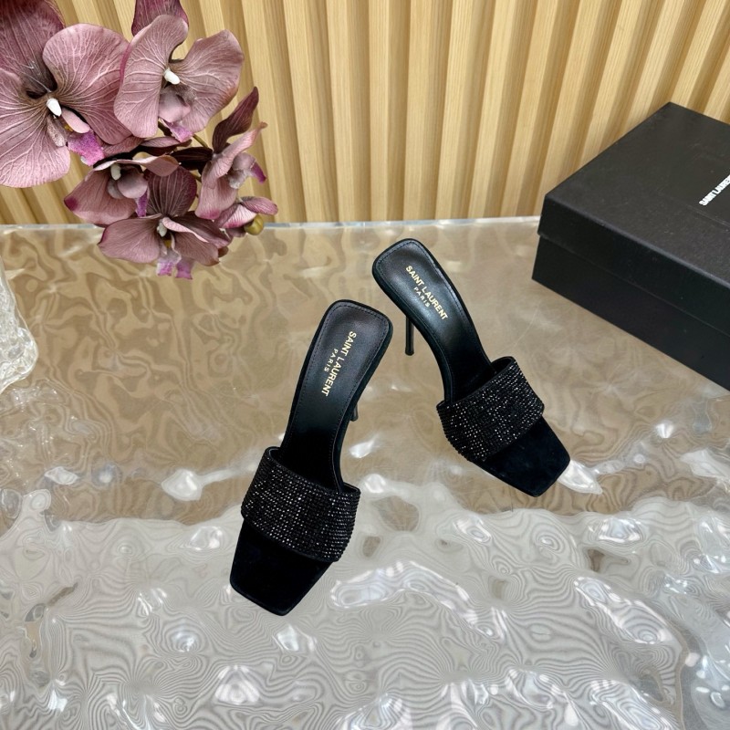 2025 Women Yves Saint Laurent Black Rhinestone Leather High Heel Sandals MJ00300