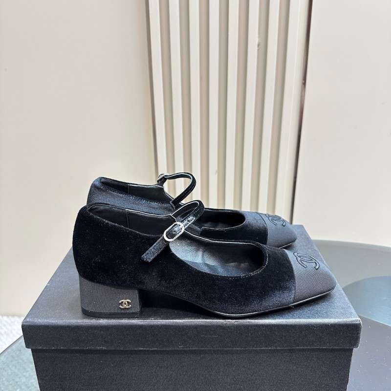2025 Women Chanel Black Velvet Leather Mary Jane