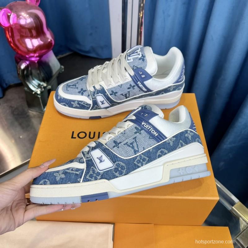 2025 Men Louis Vuitton Blue White Denim Leather LV Trainer