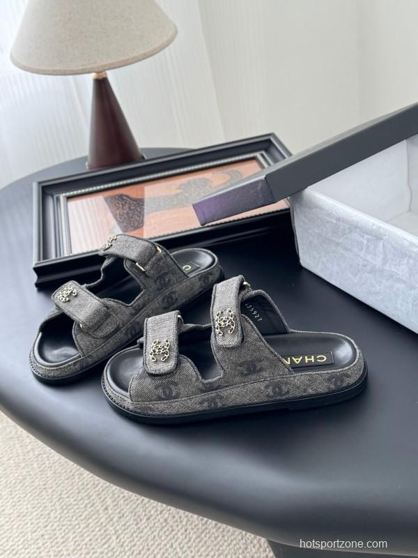 2025 Women Chanel Grey Fabric Leather Sandals Magic Tape LY00310