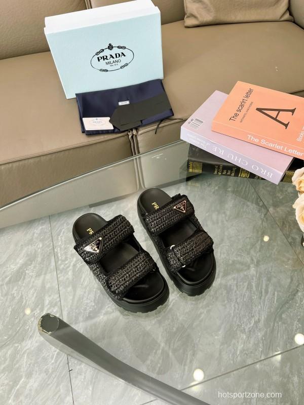 2025 Prada Black Woven Leather Slippers LY00290