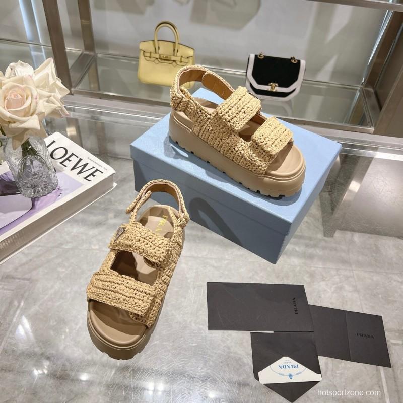 2025 Women Prada Beige Woven Leather Platform Sandals