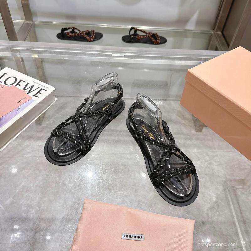 2025 Women Miu Miu Black Leather Rope Sandals