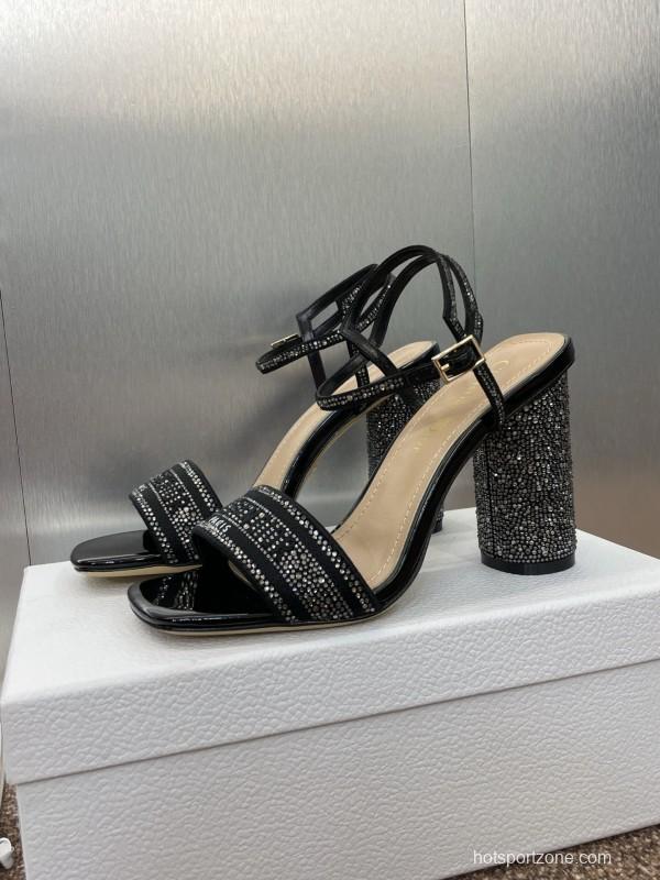 2025 Women Dior Black Patent Leather Crystal High Heel Sandals KFY00320