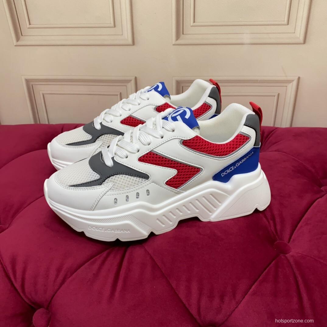2025 Unisex Dolce & Gabbana White Red Blue Leather Mesh Sneakers LY00330(F)/LY00340(M)