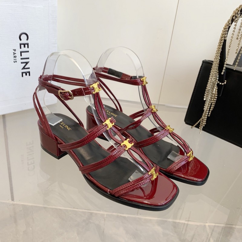 2025 Women Celine Burgundy Patent Leather Sandals KFY00300