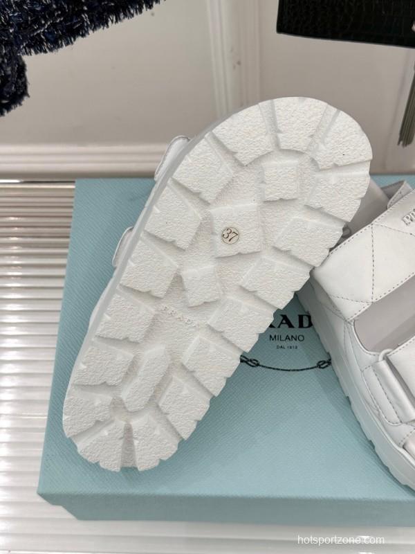2025 Slippers Prada White Leather Quilted Velcro Strap KFY00250