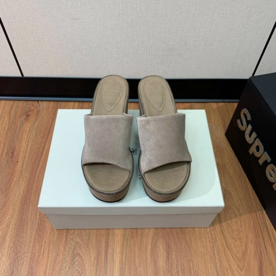 2025 Women BRUNELLO CUCINELLI Beige Suede Platform Slide Sandals Casual Handmade KFY00275 (F)