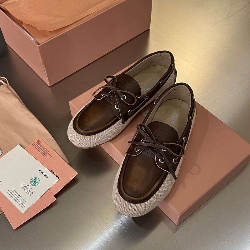 2025 Women Miu Miu Brown Beige Leather Canvas Loafers LY00230