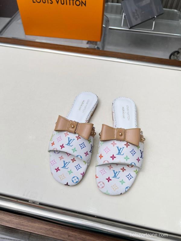 2025 Women Louis Vuitton White Multicolor Leather Slippers Monogram LY00200