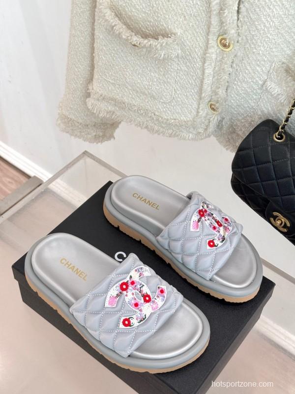 2025 Slippers Chanel Silver Floral Embroidery Leather Slippers KFY00260