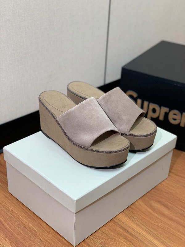 2025 Women BRUNELLO CUCINELLI Beige Suede Platform Slide Sandals Casual Handmade KFY00275 (F)
