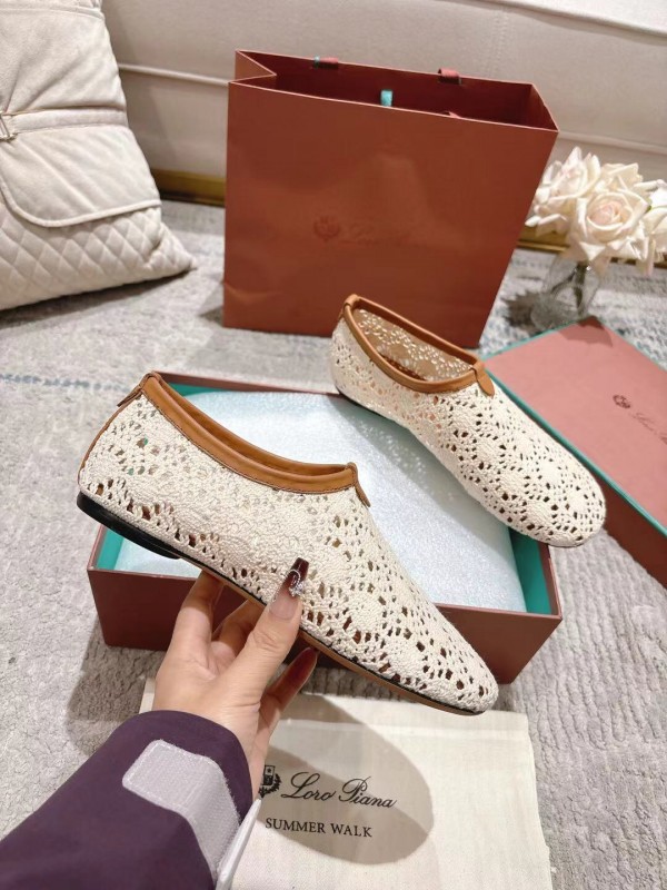 2025 Women LP Beige Brown Leather Crochet Ballet Flats